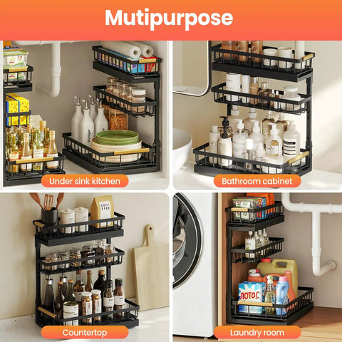 Multipurpose use of Under Sink Organizer Set, 2 Pack 3 Tier Pull Out Shelf Organizers in kitchen, bathroom, countertop, and laundry.