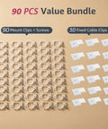 90 Pack Light Clips For Pro Outdoor Lights H706 H806 featuring 90 mount clips and 30 fixed cable clips on a beige background.