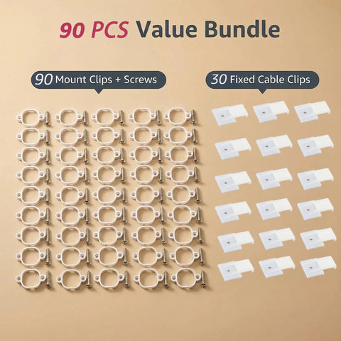 90 Pack Light Clips For Pro Outdoor Lights H706 H806 featuring 90 mount clips and 30 fixed cable clips on a beige background.