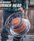 Man adjusting 540-Degree 45,000 BTU Tank Top Radiant Propane Heater with multi directional heat on a 20 lb tank outdoors