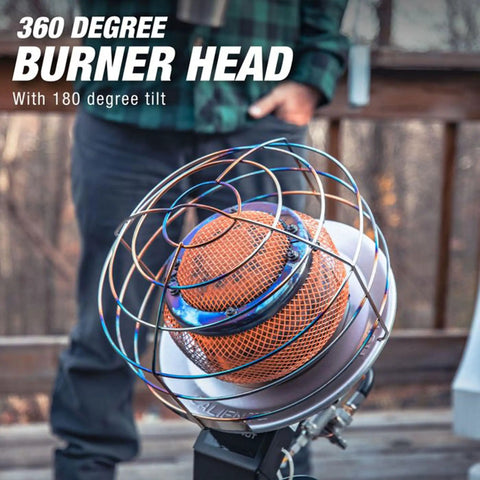 Man adjusting 540-Degree 45,000 BTU Tank Top Radiant Propane Heater with multi directional heat on a 20 lb tank outdoors