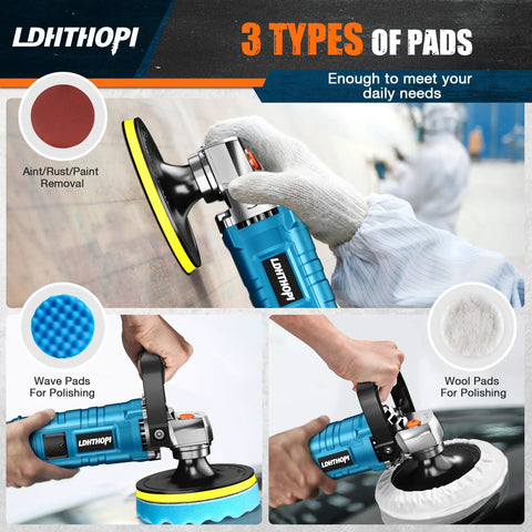 Beast 1600W Rotary Buffer Polisher For Cars And Boats with 3 pad types for waxing and sanding