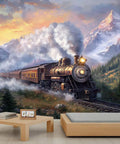 Epic Steam Train Wall Mural With 3D Mountain Landscape, Retro Locomotive Adventure Theme For Living Room Or Bedroom