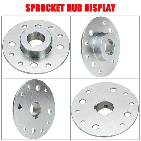 Rear 4 Inch Drum Brake Band and Steel Sprocket Hub Kit for Predator 212cc showing multiple views of hub with keyway