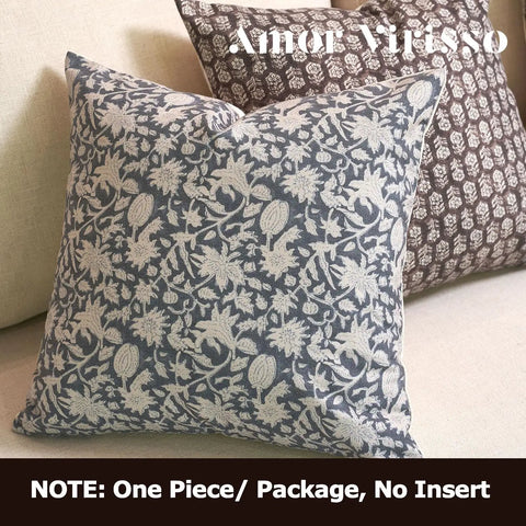 Floral Throw Pillow Cover 18x18 Inch Organic Cotton Dusty Blue One Sided Decorative Cushion Cover For Sofa Couch Living Room Farmhouse Neutral Decor Cozy Vibe No Insert, front view