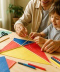 Parent and child assembling a colorful kite, using premium natural bamboo dowel rods for DIY models and crafts.