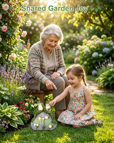Grandmother and child enjoying garden with Solar Frog Garden Statue With Realistic Succulent And 7 LED Lights.