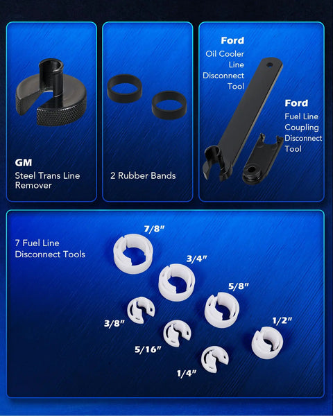 25 Piece Quick Disconnect Tool Kit showing GM steel trans line remover and Ford fuel line tools for mechanics and DIYers.