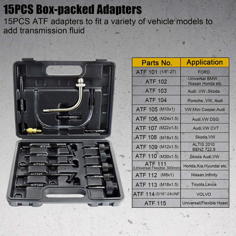 Real Deal Pneumatic Fluid Extractor And Automatic Transmission Oil Dispenser Kit With Three Meter Dipstick Tubes For No Sweat Vehicle Maintenance And Slick Draining with 15PCS box-packed adapters.