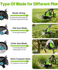Diagram showing 4 blade types for 20000 RPM Cordless Weed Wacker With Wheel 12 Inch Brushless 4 In 1 Grass Trimmer Cutter Edger.