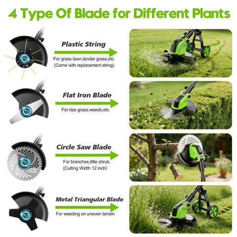 Diagram showing 4 blade types for 20000 RPM Cordless Weed Wacker With Wheel 12 Inch Brushless 4 In 1 Grass Trimmer Cutter Edger.