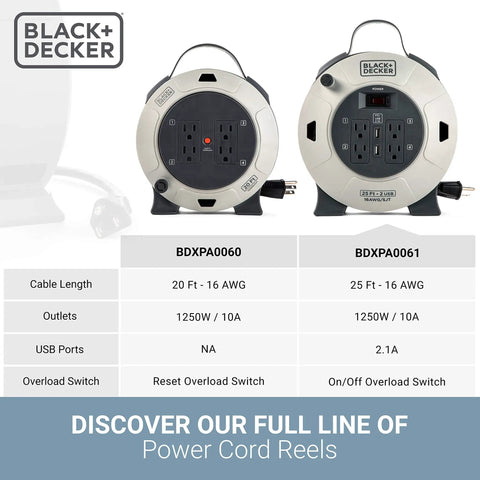 Two models of 25 Ft Retractable Extension Cord Reel With 4 Outlets, 2 USB Ports, Heavy Duty 16AWG SJT Cable, with features table.