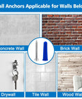 Diagram showing All In One Masonry Wall Anchors And Screws Kit With 3 Pc Drill Bit applicable on concrete, brick, tile, drywall, wood walls.