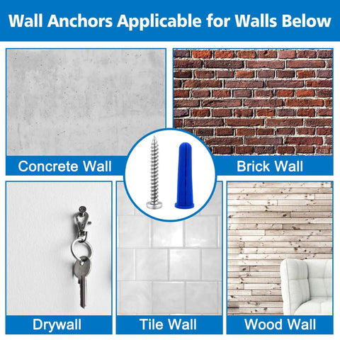 Diagram showing All In One Masonry Wall Anchors And Screws Kit With 3 Pc Drill Bit applicable on concrete, brick, tile, drywall, wood walls.
