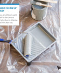 Heavy Duty 9 Inch Paint Tray Liners 10 Pack For Roller Trays Deep Pocket Plastic Paint Pan Disposable Liner Set For Clean Quick Paint Jobs And Pro Grade Results No Mess Cleanup in use with a roller and paint can.