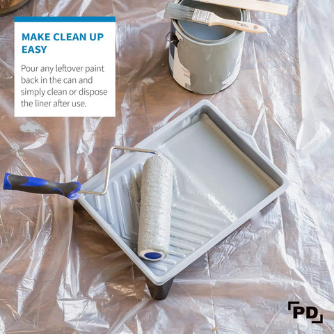Heavy Duty 9 Inch Paint Tray Liners 10 Pack For Roller Trays Deep Pocket Plastic Paint Pan Disposable Liner Set For Clean Quick Paint Jobs And Pro Grade Results No Mess Cleanup in use with a roller and paint can.
