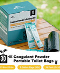 Portable Camp Toilet Kit With 30 Pack Absorbent Gel Pellets And 30 Drawstring Bags Fast Acting Potty Gel box and packets on table