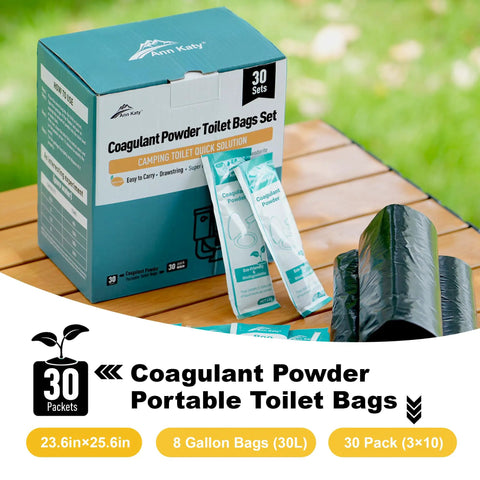 Portable Camp Toilet Kit With 30 Pack Absorbent Gel Pellets And 30 Drawstring Bags Fast Acting Potty Gel box and packets on table