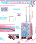Kids travel luggage set with pink hard shell suitcase and features such as telescopic handle, silent wheels, and name tag for girls.