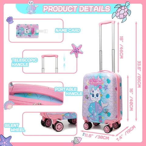 Kids travel luggage set with pink hard shell suitcase and features such as telescopic handle, silent wheels, and name tag for girls.