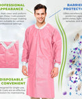 Pink Disposable Lab Coat 2XL Unisex SMS 45GSM Breathable With Snap Front And Knit Collar Cuffs 3 Pockets Medical Workwear