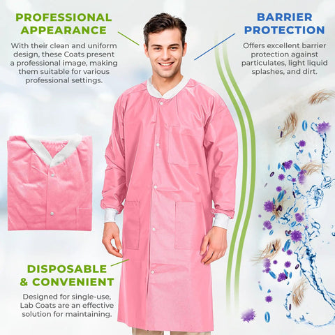 Pink Disposable Lab Coat 2XL Unisex SMS 45GSM Breathable With Snap Front And Knit Collar Cuffs 3 Pockets Medical Workwear
