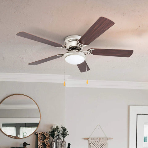 Low Ceiling Friendly Hugger 52 Inch White Ceiling Fan With Bowl Light Kit featuring dual finish blades white on maple.