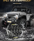 IP67 waterproof 7 Inch Round LED Headlights H6024 Hi Lo Beam DRL DOT Approved on a Jeep Wrangler in rain