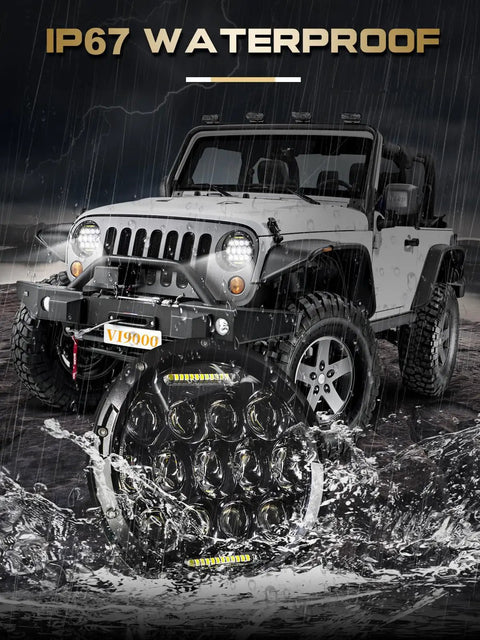 IP67 waterproof 7 Inch Round LED Headlights H6024 Hi Lo Beam DRL DOT Approved on a Jeep Wrangler in rain
