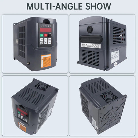 Multi-angle view of Workhorse 2.2KW 110V Variable Frequency Drive VFD Inverter For Spindle Motors, dual cooling, RS 485 control.