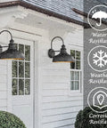 Old School Vintage Black Farmhouse Wall Light Sconce with E26 Socket mounted outdoors in snowy weather, showing weather resistance features.