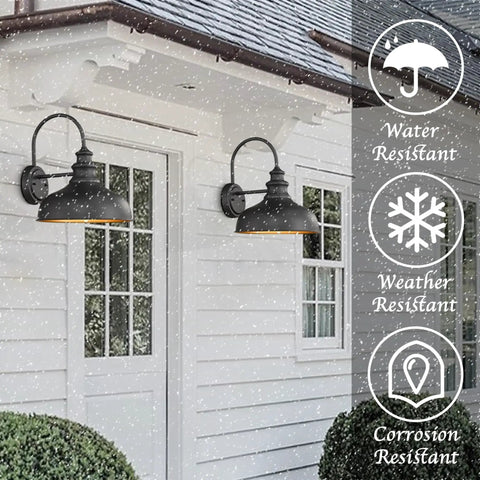 Old School Vintage Black Farmhouse Wall Light Sconce with E26 Socket mounted outdoors in snowy weather, showing weather resistance features.