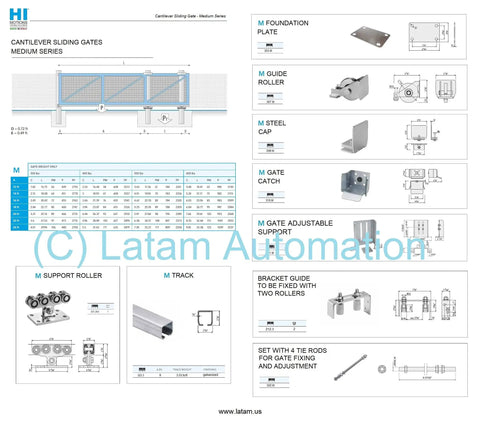 Diagram and components of Cantilever Sliding Gate Kit With Medium Support Roller 36 Ft Pad Mount For DIY Friendly Install.