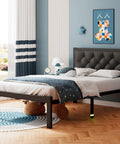 Super Sturdy Twin Size Metal Bed Frame With Faux Leather Platform And Button Tufted Headboard Hella Roomy Underbed Storage Glow Night Light Legs Straight Up Easy Setup No Box Spring Needed Black in a modern bedroom.