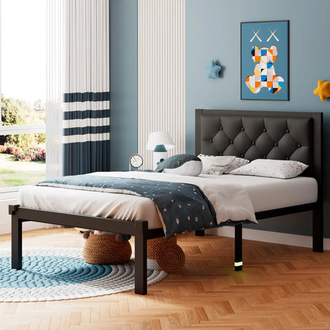 Super Sturdy Twin Size Metal Bed Frame With Faux Leather Platform And Button Tufted Headboard Hella Roomy Underbed Storage Glow Night Light Legs Straight Up Easy Setup No Box Spring Needed Black in a modern bedroom.