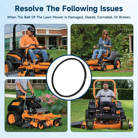 Image of four lawn mowers illustrating usage of Heavy Duty Cogged Drive Belt For Scag Turf Tiger 52 And 61 Inch Decks 482876.