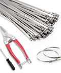 52-Piece 304 Stainless Steel Zip Tie Kit With Unlock Tool And Industrial Scissors, showing self-locking 11.8 inch ties