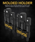 Two Pack Beefy Impact Grade Socket Adapters With Three Inch Extension Bit And Holder for power drill, displayed with holder