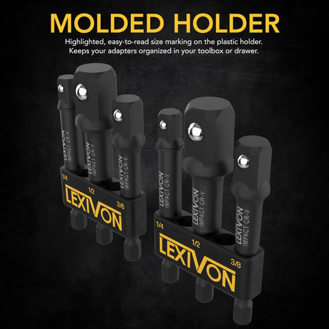 Two Pack Beefy Impact Grade Socket Adapters With Three Inch Extension Bit And Holder for power drill, displayed with holder