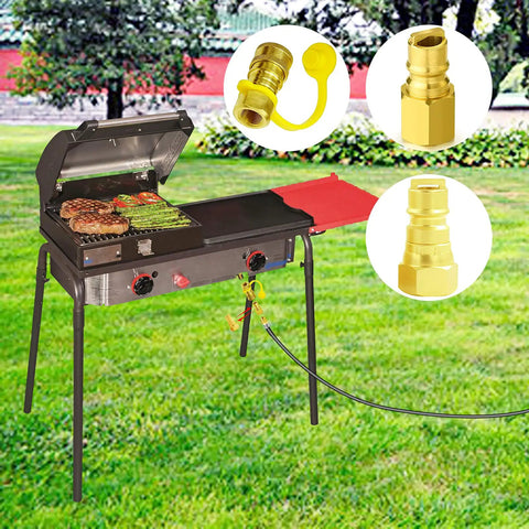 Three Eighths Inch Natural Gas Quick Connect Fittings Kit For Grills Patio Heaters Pizza Ovens Fire Pits And Generators LP Propane Quick Disconnect With Full Flow Plugs And Male Female Connectors Plug And Play Ready connected to grill