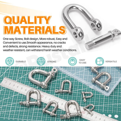 Kickass 304 Stainless Steel D Shape Shackles With Secure Screw Pin 3 8 Inch Heavy Duty Rigging Hardware shown on cutting mat.