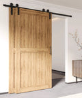 Rustic Black Single Track Bypass Sliding Barn Door Hardware Kit For Double Doors 18 Foot Flat Track With Straight Rollers Easy Install Smooth Quiet Operation Perfect For Loft Or Farmhouse Space installed with wooden doors
