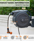 Retractable Garden Hose Reel With Auto Rewind And Any Length Lock 90 Ft of 5/8 Inch Hybrid Hose Wall Mounted With 180 Degree Swivel