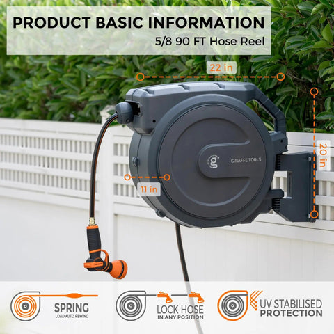 Retractable Garden Hose Reel With Auto Rewind And Any Length Lock 90 Ft of 5/8 Inch Hybrid Hose Wall Mounted With 180 Degree Swivel