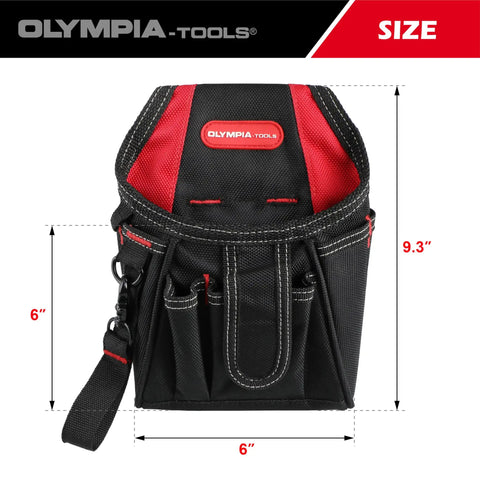 Front view of black and red tool pouch by Olympia Tools, size 6x6 inches, designed for carrying small tools and accessories.