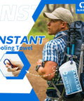 Hiker with backpack carrying 4 Pack Cooling Towels 40 By 12 Inches, Reusable Ice Towels, Soft Breathable Microfiber Neck Wraps