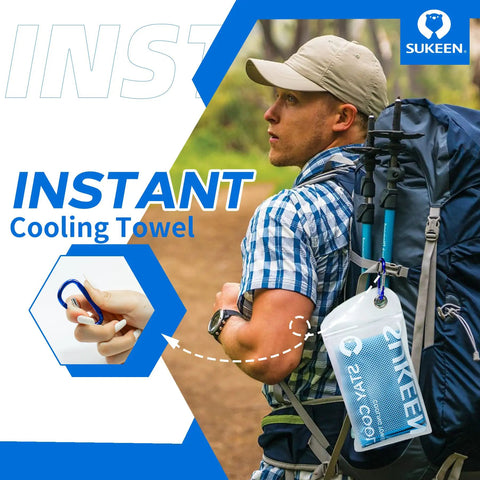 Hiker with backpack carrying 4 Pack Cooling Towels 40 By 12 Inches, Reusable Ice Towels, Soft Breathable Microfiber Neck Wraps
