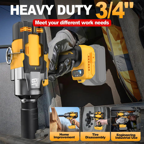 Top Tier Cordless Impact Wrench 3/4 Inch Hella Powerful 1475 Foot Pounds Raw Torque Brushless Motor in action for tire disassembly.