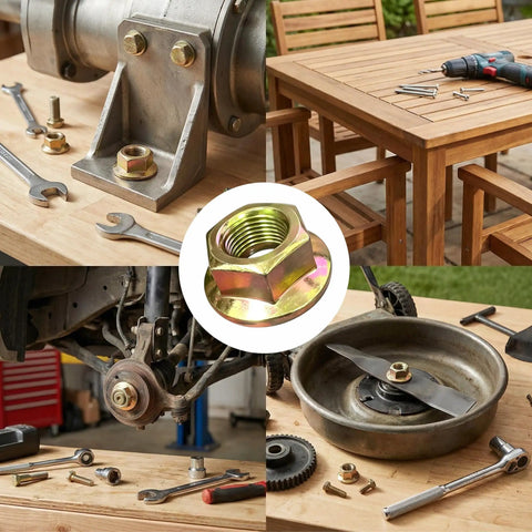 Top Shelf Drop In Lawn Mower Spindle Blade Nut Hex Flange Fastener With Rock Solid 5/8-18 Thread close-up of fastener and tools