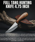 Full Tang 4.75 Inch Hunting Knife With Burlwood Handle, Slim Camping Knife Featuring Stainless Steel Drop Point Blade And Sheath